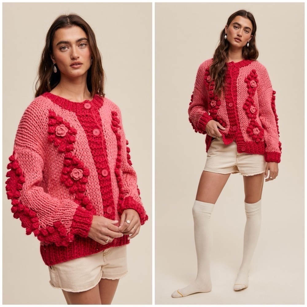 Flower Detail Tufted Dot Hand Crochet Knit Cardigan in Rose